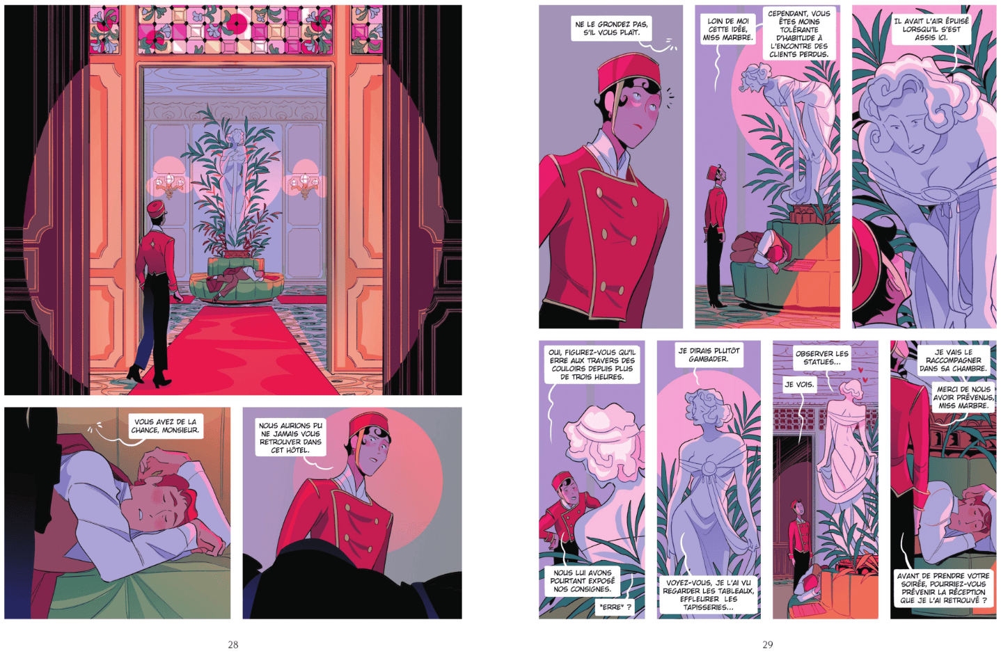 Capture d'écran des pages 28-29 de la BD Bienvenue à l'hôtel inhabituel de Gaëlle Geniller, pour illustrer ma chronique.